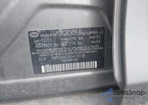 2013 Hyundai Sonata Gls из США, поврежденный, VIN 5NPEB4AC8DH676138